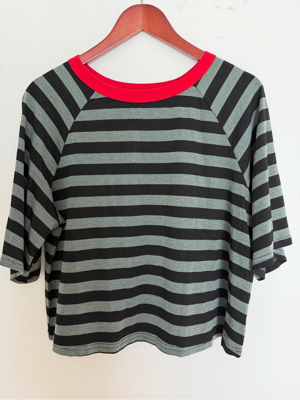 Striped Black and Gray/ Green Short Sleeve Tee with Red Crew Neck
